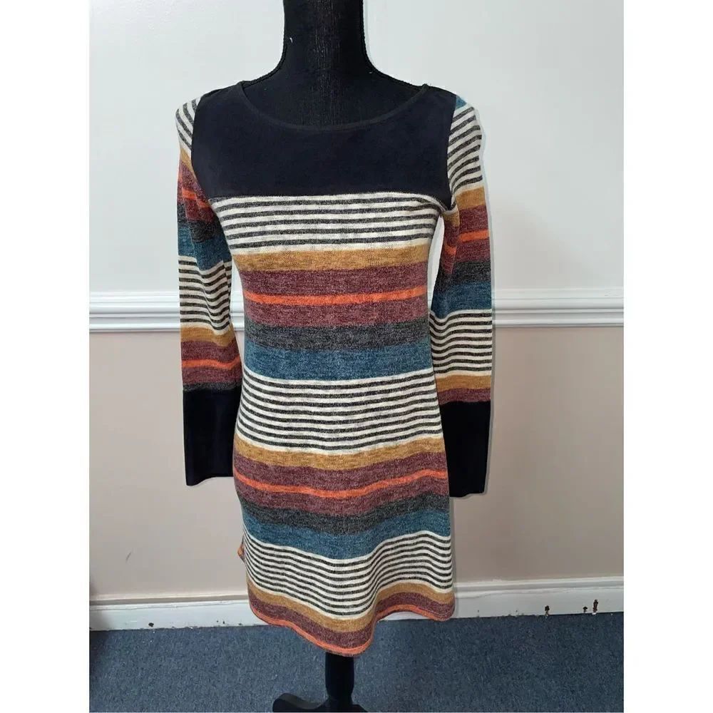Wanna B Multi Colored Striped Short Dress With Black Suede